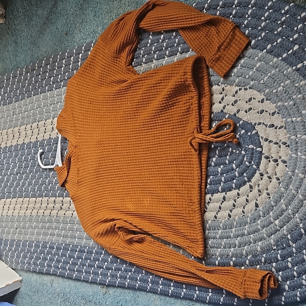 Mustard yellow sweater with a hood(a little cropped)